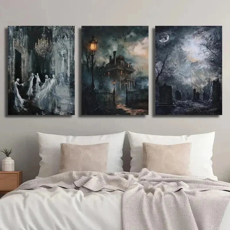 3pcs Retro Haunted Halloween Mansion Wall Art Set Canvas Framed 40x60cm - High Quality Print 100% Australian Made Wall Canvas Ready to Hang