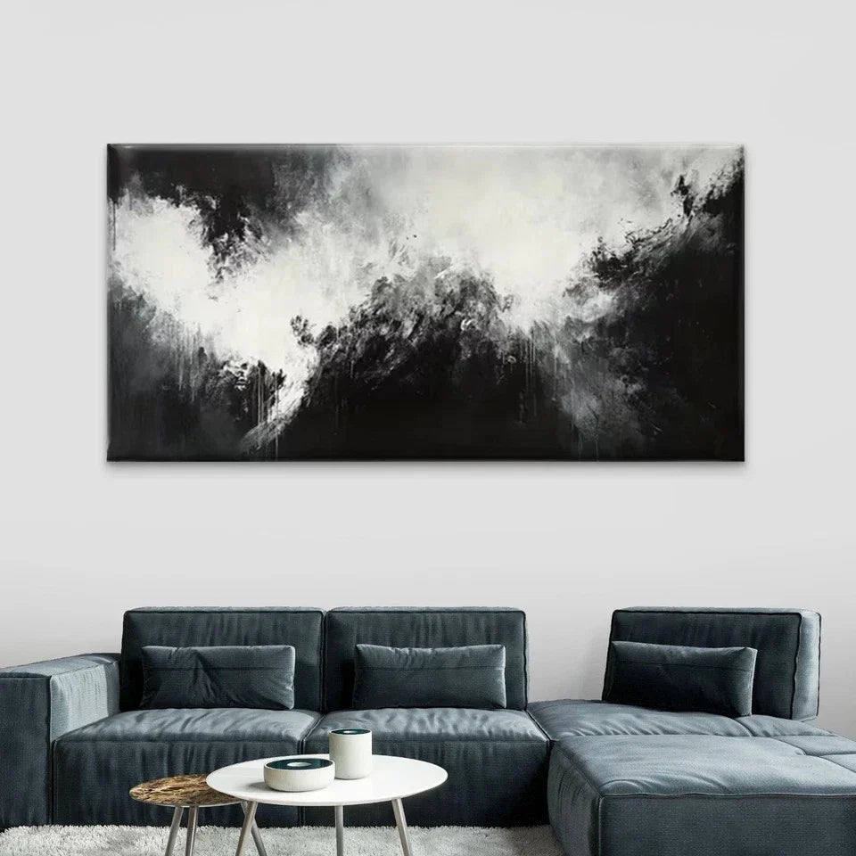 Black and White Abstract Wall Art Canvas Office Home Room Framed 80x45cm