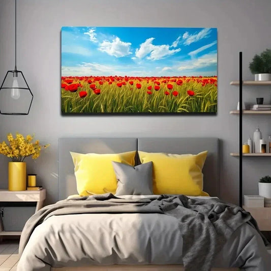 Vibrant Red Poppies Wheat Field Wall Art Canvas Office Home Room Framed 120x60cm