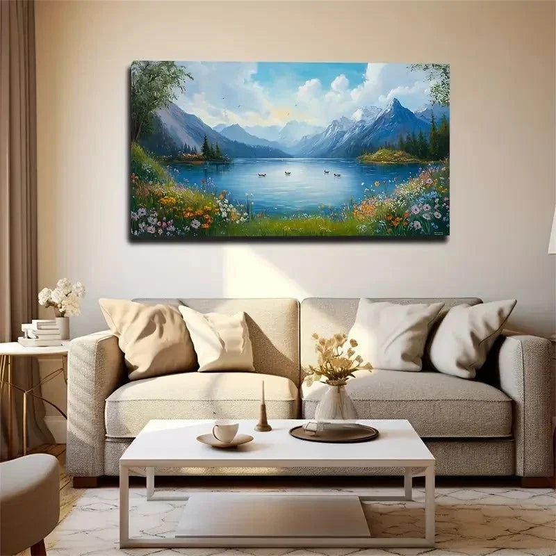 Mountains Lake Spring Flowers Wall Art Canvas Office Home Room Framed 80x45cm