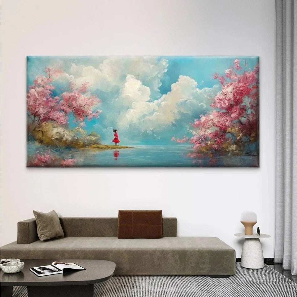 River Landscape with Pink Petal Wall Art Canvas Office Home Room Framed 120x60cm