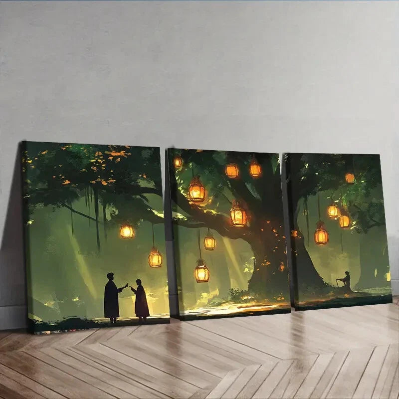 3pcs Lanterns & Old Tree Night Scene Perfect Wall Art Set Canvas Framed 40x60cm - High Quality Print 100% Australian Made Wall Canvas Ready to Hang