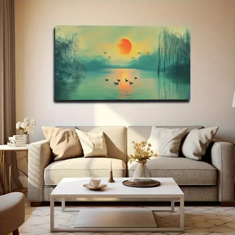Serene Sunset Lake With Ducks Wall Art Canvas Office Home Room Framed 120x60cm