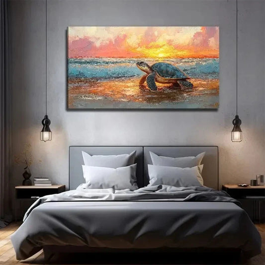 Sunset Beach Turtle Scene Wall Art Canvas Office Home Room Framed 80x45cm