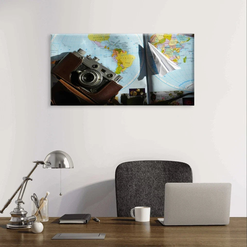 Vintage Travel Camera on World Map Wall Art Canvas Office Home Framed 120x60cm