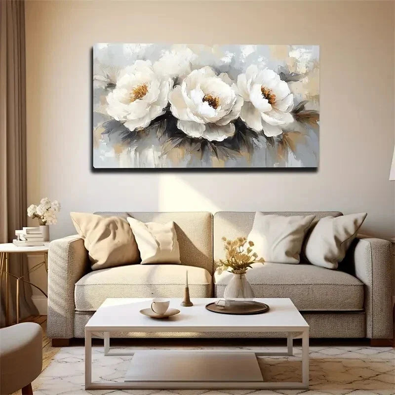 Three Blooming White Peonies Wall Art Canvas Office Home Room Framed 120x60cm