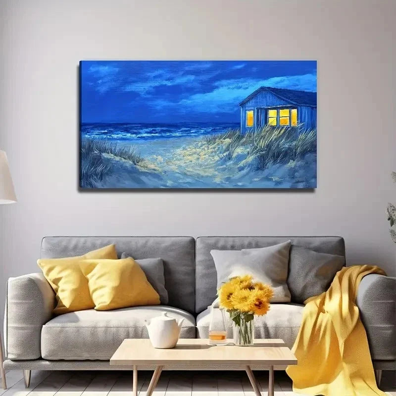 Nighttime Beach House Scene Wall Art Canvas Office Home Room Framed 120x60cm