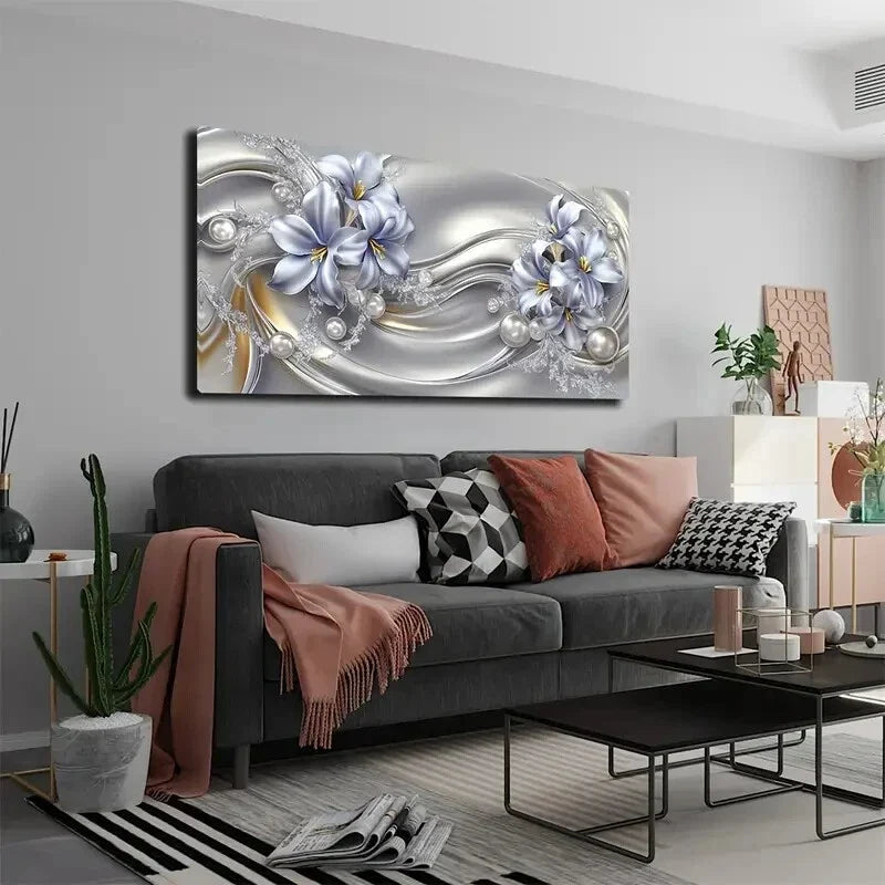 Light Blue Flowers Golden Wall Art Canvas Office Home Room Framed 120x60cm