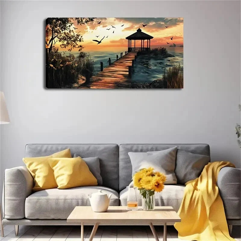 Serene Seaside Pavilion Scene Wall Art Canvas Office Home Room Framed 120x60cm