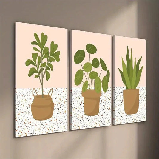 3pcs Potted Plants Illustration Wall Art Set Canvas Framed 40x60cm - High Quality Print 100% Australian Made Wall Canvas Ready to Hang
