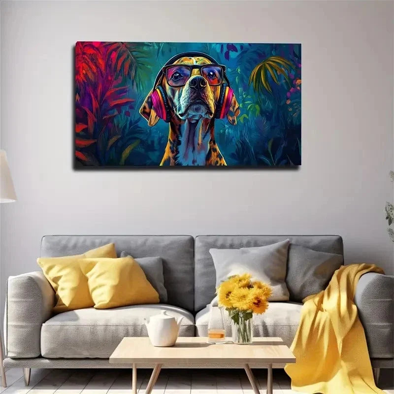 Headphones & Glasses Dog Wall Art Canvas Office Home Room Framed 120x60cm