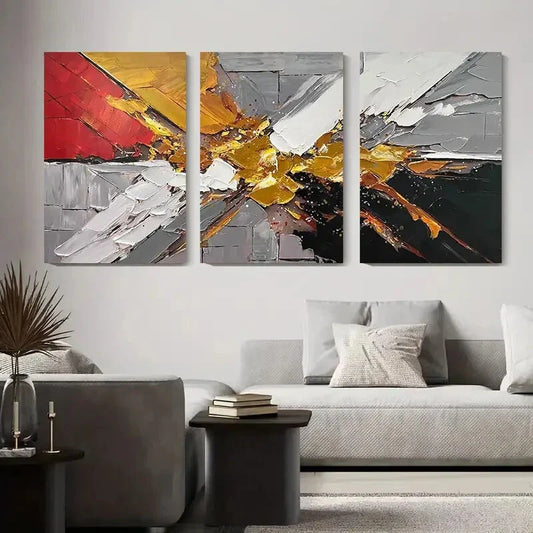 3pcs Abstract Geometric Bold Red, Yellow and Gray Metal Print Ready to Hang Art