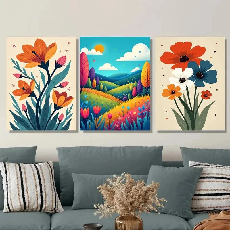 3pcs Colorful Floral Landscape Vibrant Modern Wall Art Set Canvas Framed 40x60cm - High Quality Print 100% Australian Made Wall Canvas Ready to Hang