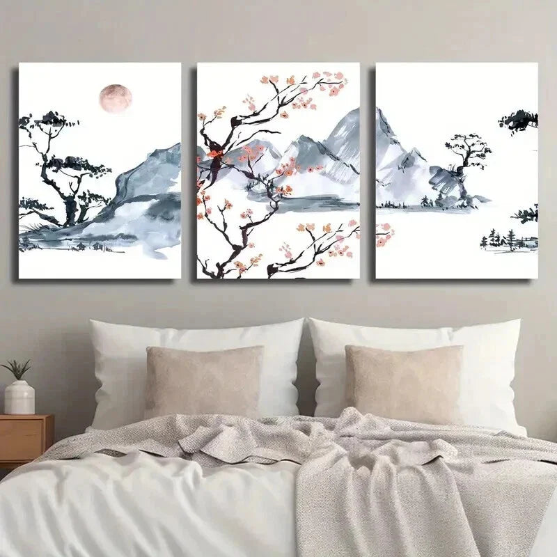 3pcs Japanese Cherry Blossom Landscape Wall Art Set Canvas Framed 40x60cm - High Quality Print 100% Australian Made Wall Canvas Ready to Hang