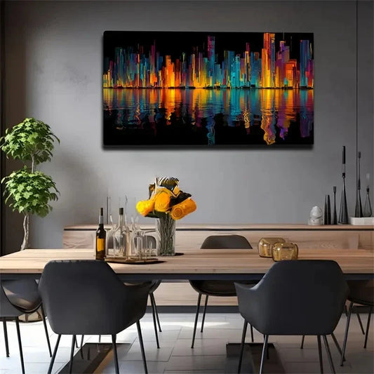 Abstract City Skyline Neon Wall Art Canvas Office Home Room Framed 80x45cm