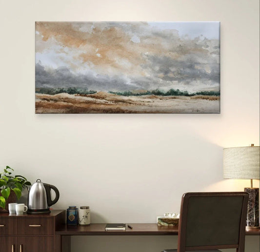 Watercolour Landscape Neutral Muted Wall Art Canvas Office Home Framed 80x45cm