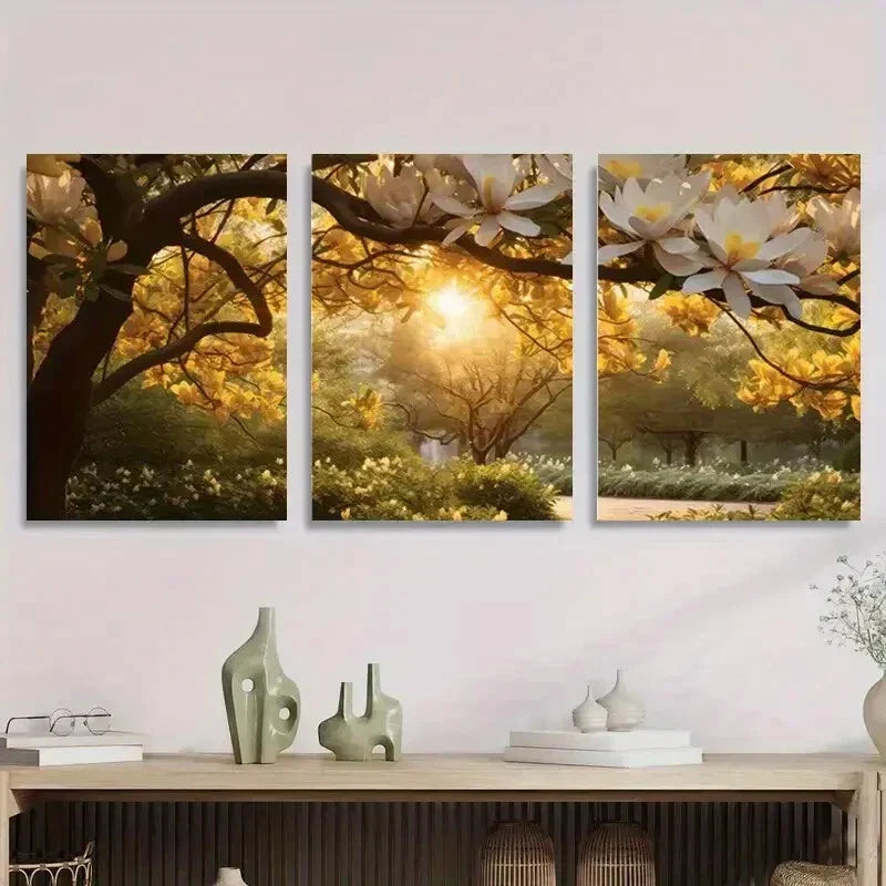 3pcs Magnolia Tree Sunlight Through Blossoms Metal Print Ready to Hang Art