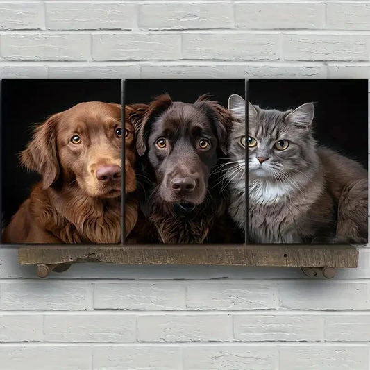 3pcs Two Dogs and One Cat Brown Black Gray Metal Print Ready to Hang Art