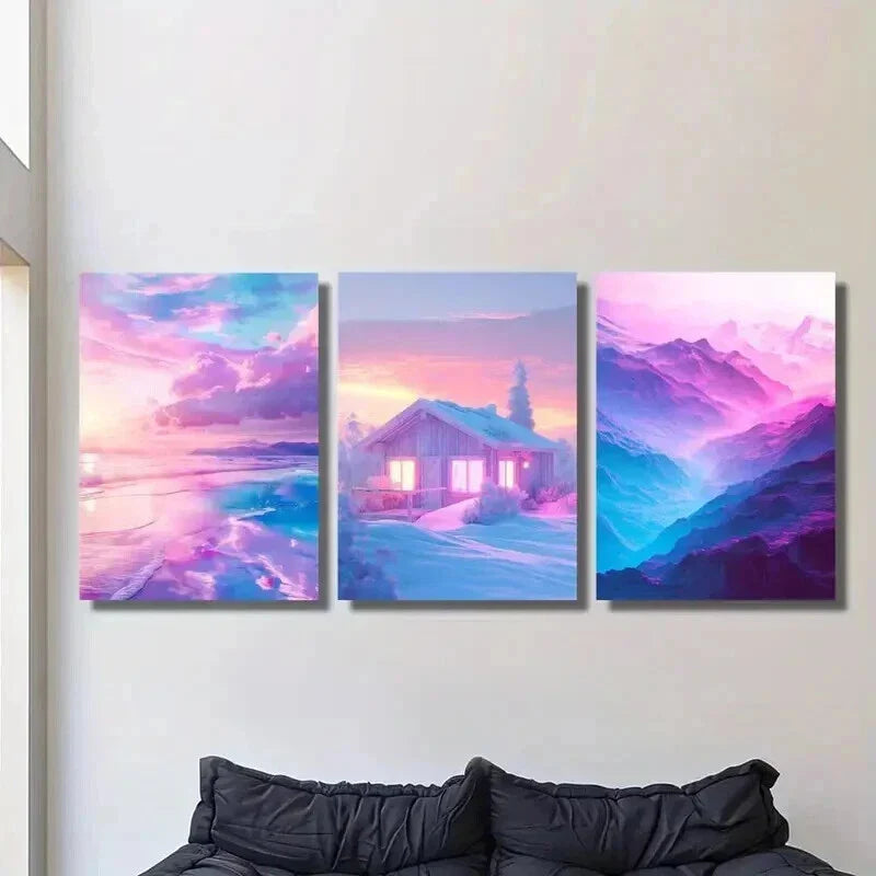 3pcs Pink Colored Houses in the Snow Wall Art Set Canvas Framed 40x60cm - High Quality Print 100% Australian Made Wall Canvas Ready to Hang