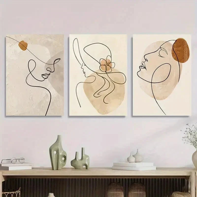 3pcs Elegant Female Profiles with Minimalist Metal Print Ready to Hang Art