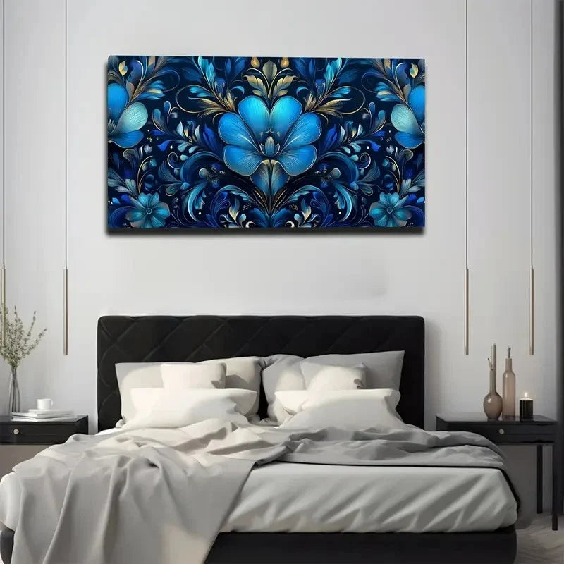 Blue & Golden Floral Design Wall Art canvas office home room framed 120x60cm