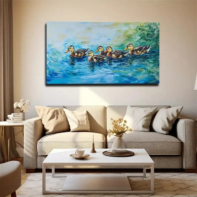 Five Yellow Ducks Suitable Wall Art Canvas Office Home Room Framed 120x60cm