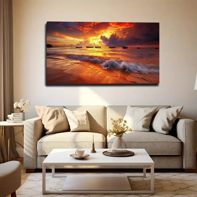 Sunset Sunrise Boat Seascape Wall Art Canvas Office Home Room Framed 80x45cm