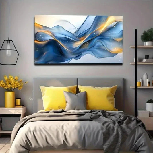 Abstract Blue And Golden Modern Wall Art Canvas Office Home Room Framed 120x60cm