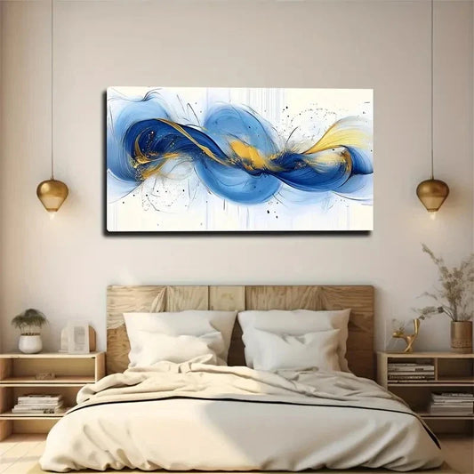 Blue & Yellow Interwoven Lines Wall Art Canvas Office Home Room Framed 120x60cm