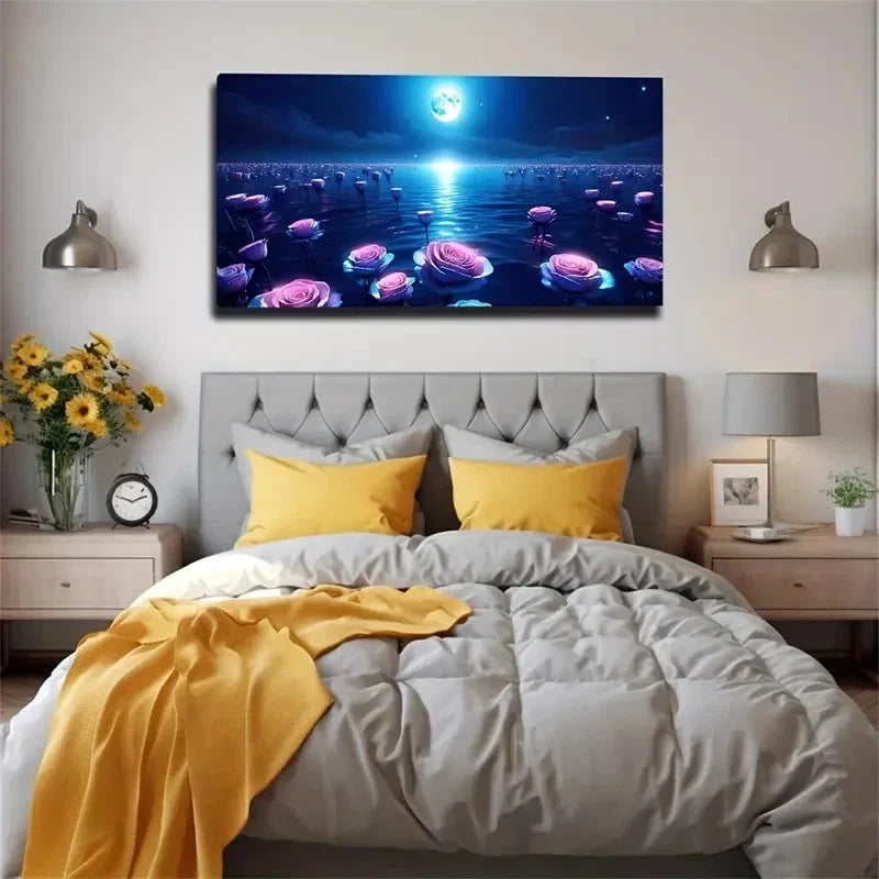 Enchanting Roses At Moonlit Sea Wall Art Canvas Office Home Room Framed 120x60cm