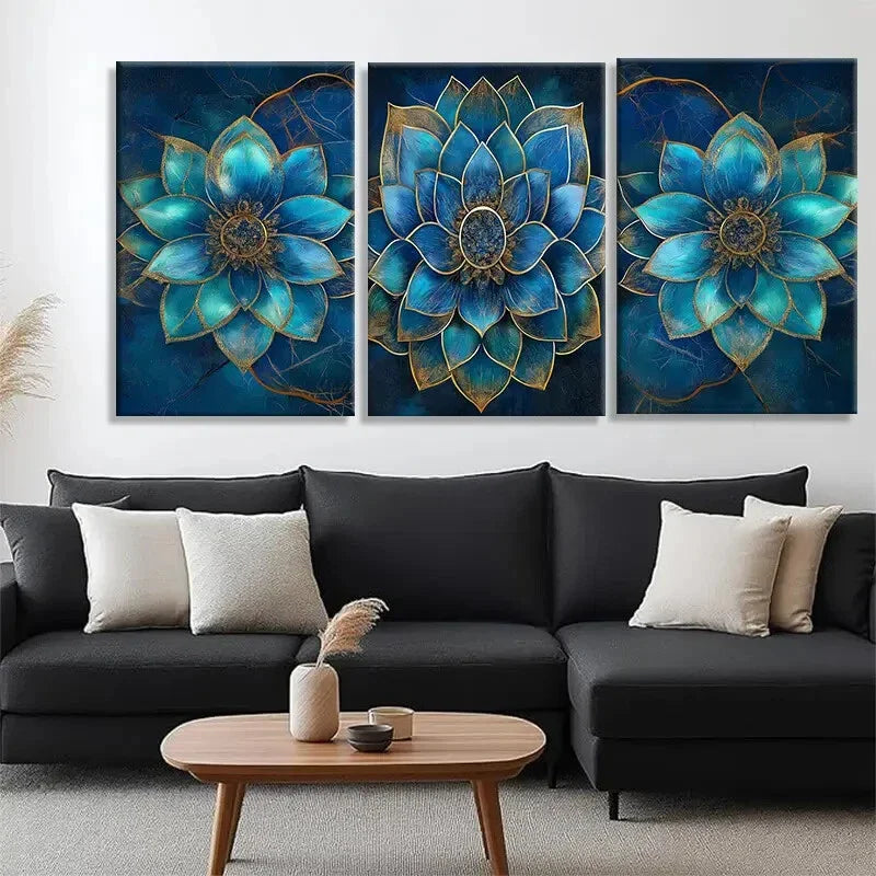 3pcs Teal Blue Mandala Flower Elegant Perfect Wall Art Set Canvas Framed 40x60cm - High Quality Print 100% Australian Made Wall Canvas Ready to Hang