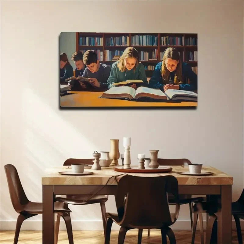 Library Scene With Students Wall Art Canvas Office Home Room Framed 80x45cm
