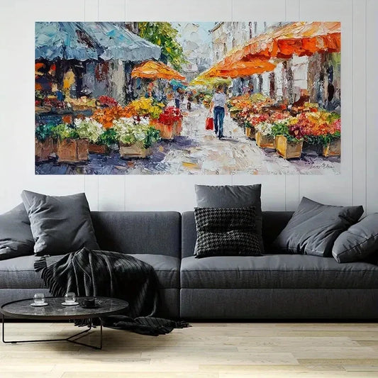 Vibrant Street Scene Market Wall Art Canvas Office Home Room Framed 120x60cm