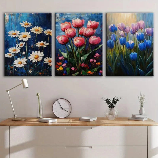 3pcs Exquisite And Charming Floral Blue Red Sun Wall Art Set Canvas Framed 40x60cm - High Quality Print 100% Australian Made Wall Canvas Ready to Hang