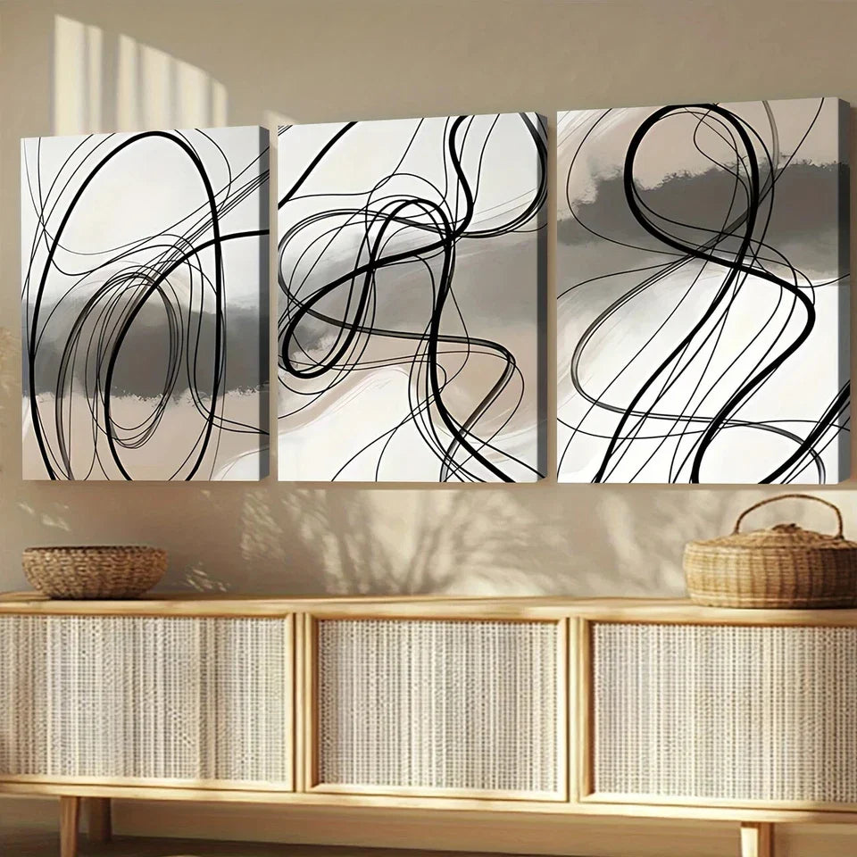 3pcs Black Swirls Gray Elegant Black Lines White Wall Art Set Canvas Framed 40x60cm - High Quality Print 100% Australian Made Wall Canvas Ready to Hang