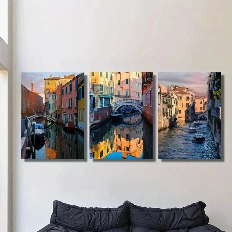 3pcs Vibrant Italian Buildings & Boats Wall Art Set Canvas Framed 40x60cm - High Quality Print 100% Australian Made Wall Canvas Ready to Hang