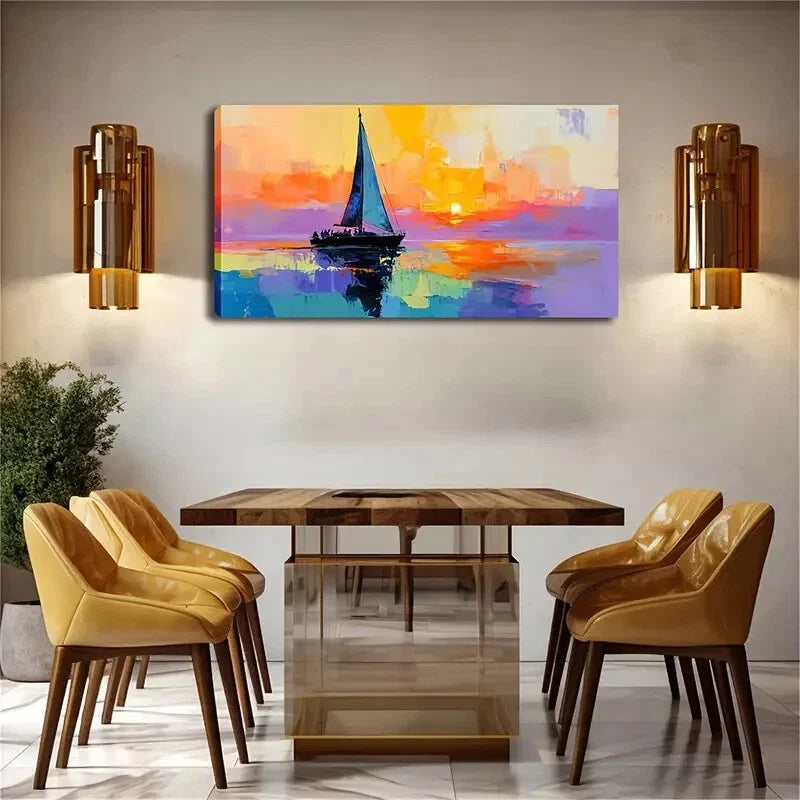 Sailing Boat Sunset Scene Wall Art Canvas Office Home Room Framed 120x60cm