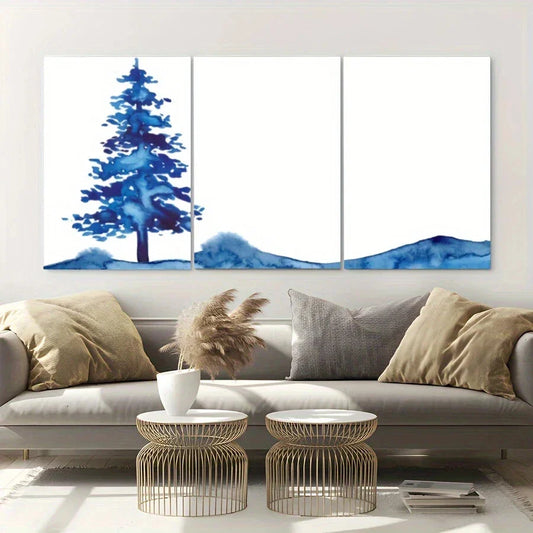 3pcs Decorative Painting Blue Tree Modern Metal Print Ready to Hang Art