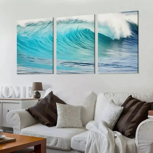 3pcs Aesthetic Turquoise Waves at Sandy Beach Wall Art Set Canvas Framed 40x60cm - High Quality Print 100% Australian Made Wall Canvas Ready to Hang