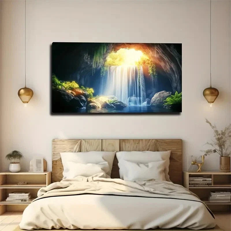 Tranquil Waterfall Serene Lush Wall Art Canvas Office Home Room Framed 120x60cm