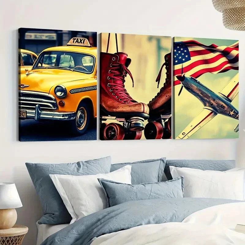 3pcs Retro American Classic Modern Style Car Wall Art Set Canvas Framed 40x60cm - High Quality Print 100% Australian Made Wall Canvas Ready to Hang