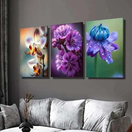 3pcs Purple & Blue Orchid Flowers Wall Art Set Canvas Framed 40x60cm - High Quality Print 100% Australian Made Wall Canvas Ready to Hang
