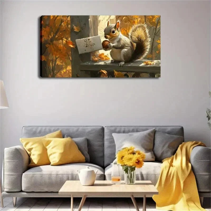 A Squirrel Holding Pinecone Wall Art Canvas Office Home Room Framed 80x45cm
