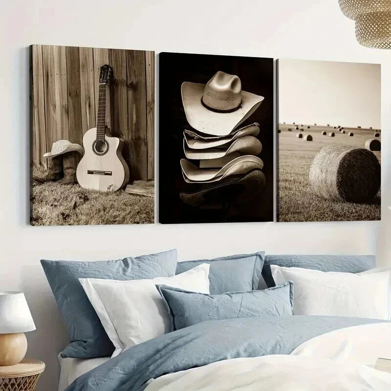 3pcs Hats & Haystacks Music Guitars Vintage Wall Art Set Canvas Framed 40x60cm - High Quality Print 100% Australian Made Wall Canvas Ready to Hang