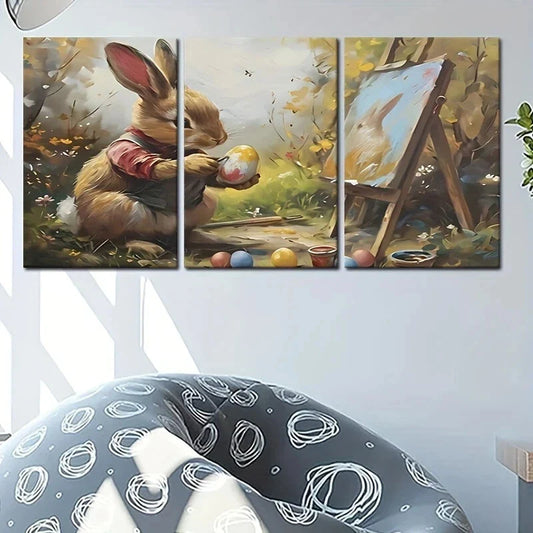 3pcs Cutest Bunny In Forest Holding Egg On Hands Metal Print Ready to Hang Art