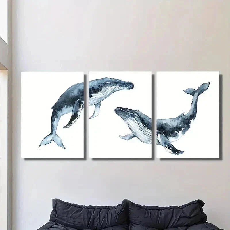 3pcs Blue Nautical Marine Life Whale Decor Wall Art Set Canvas Framed 40x60cm - High Quality Print 100% Australian Made Wall Canvas Ready to Hang