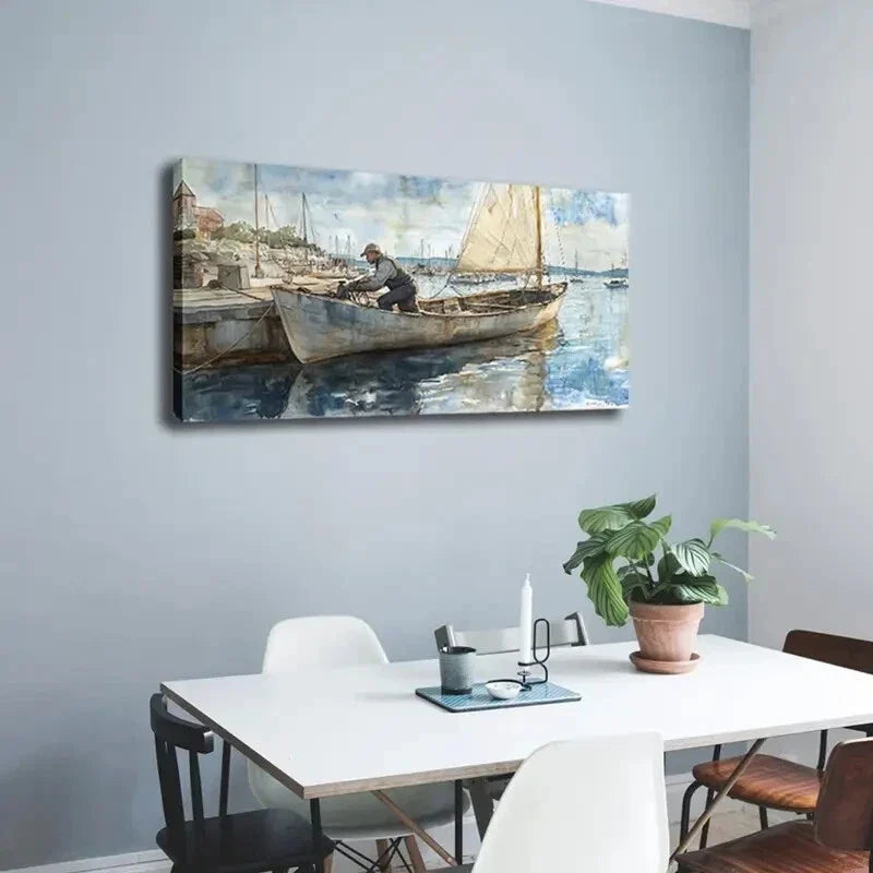 Realistic Style Fisherman Port Wall Art Canvas Office Home Room Framed 80x45cm