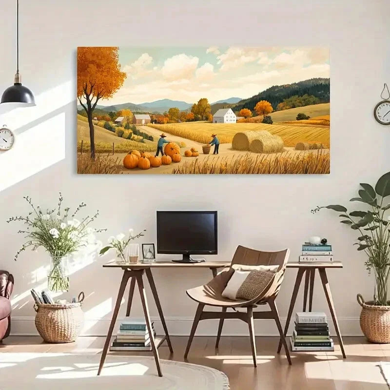 Pumpkins & Farmers Harvest Wall Art Canvas Office Home Room Framed 120x60cm