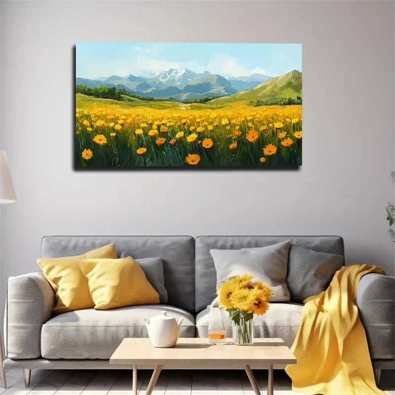 Vibrant Yellow Field Snow Wall Art Canvas Office Home Room Framed 120x60cm