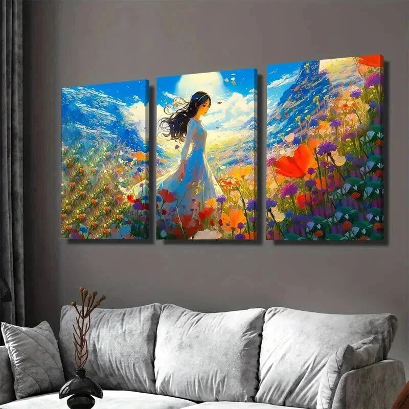 3pcs Beautiful Woman In Flower Vibrant Landscape Wall Art Set Canvas Framed 40x60cm - High Quality Print 100% Australian Made Wall Canvas Ready to Hang